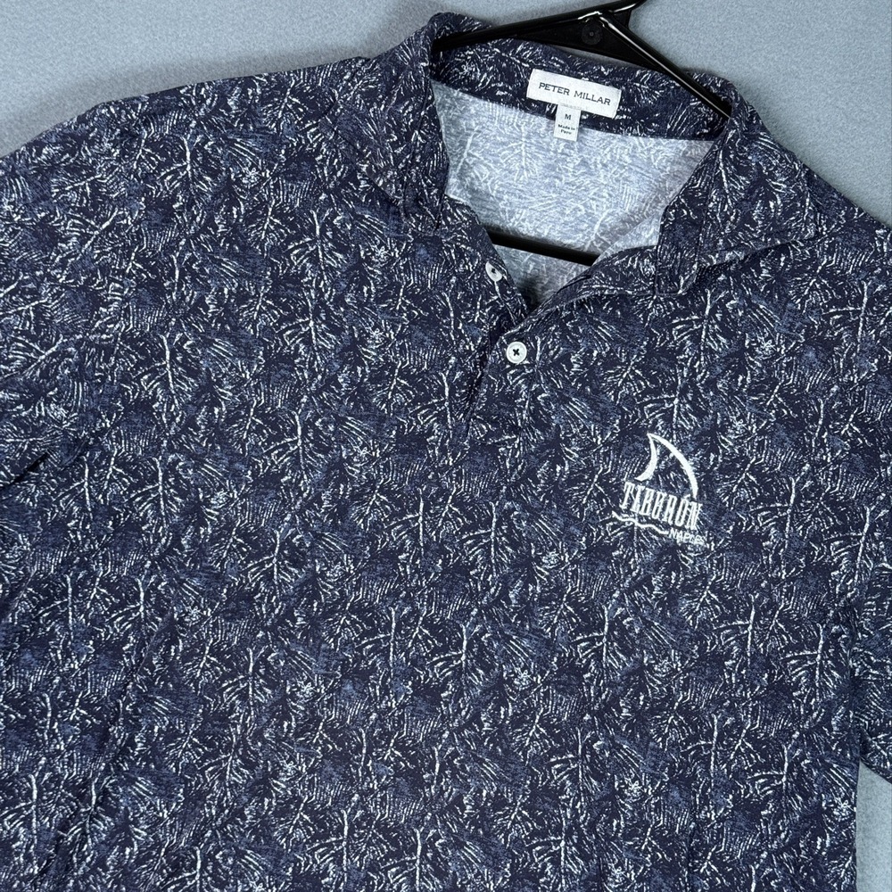 Peter Millar Mens M Blue Tiburon Naples QBE Shootout Tropical Print Polo Shirt